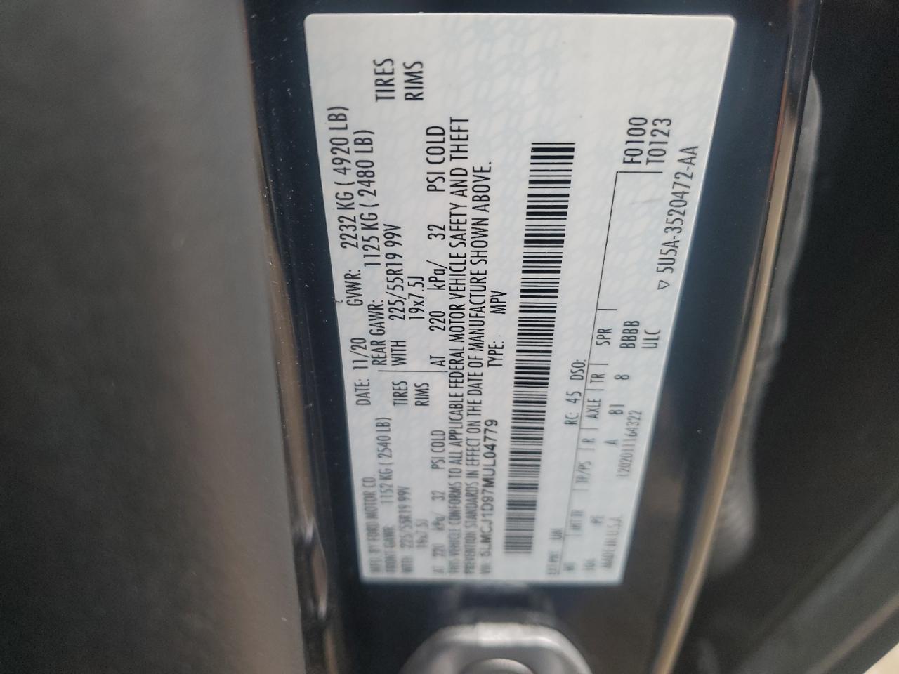 2021 Lincoln Corsair VIN: 5LMCJ1D97MUL04779 Lot: 86630695