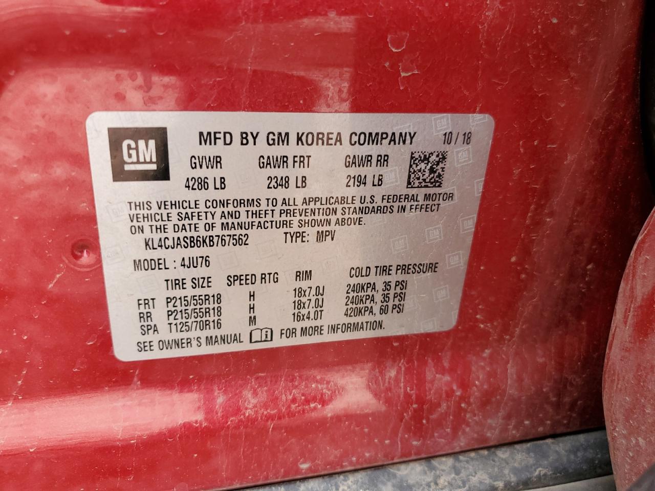 2019 Buick Encore Preferred VIN: KL4CJASB6KB767562 Lot: 82424335