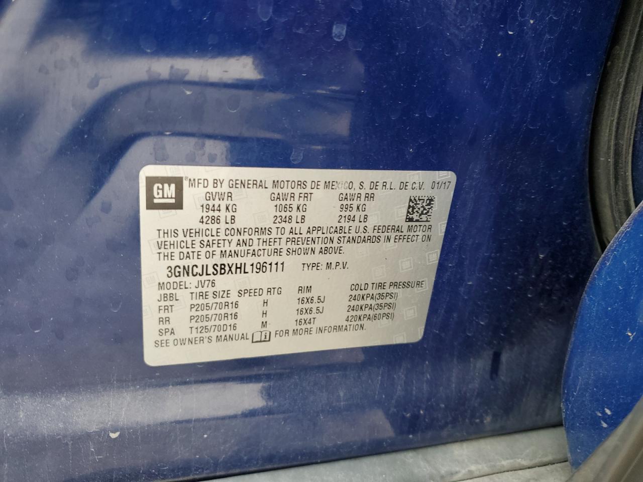 2017 Chevrolet Trax 1Lt VIN: 3GNCJLSBXHL196111 Lot: 90276585