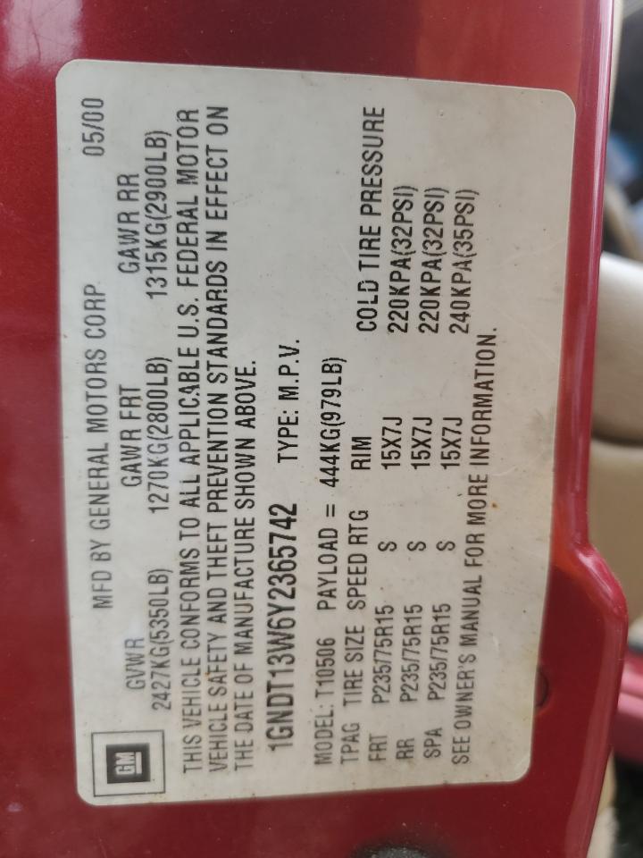 2000 Chevrolet Blazer VIN: 1GNDT13W6Y2365742 Lot: 85885685