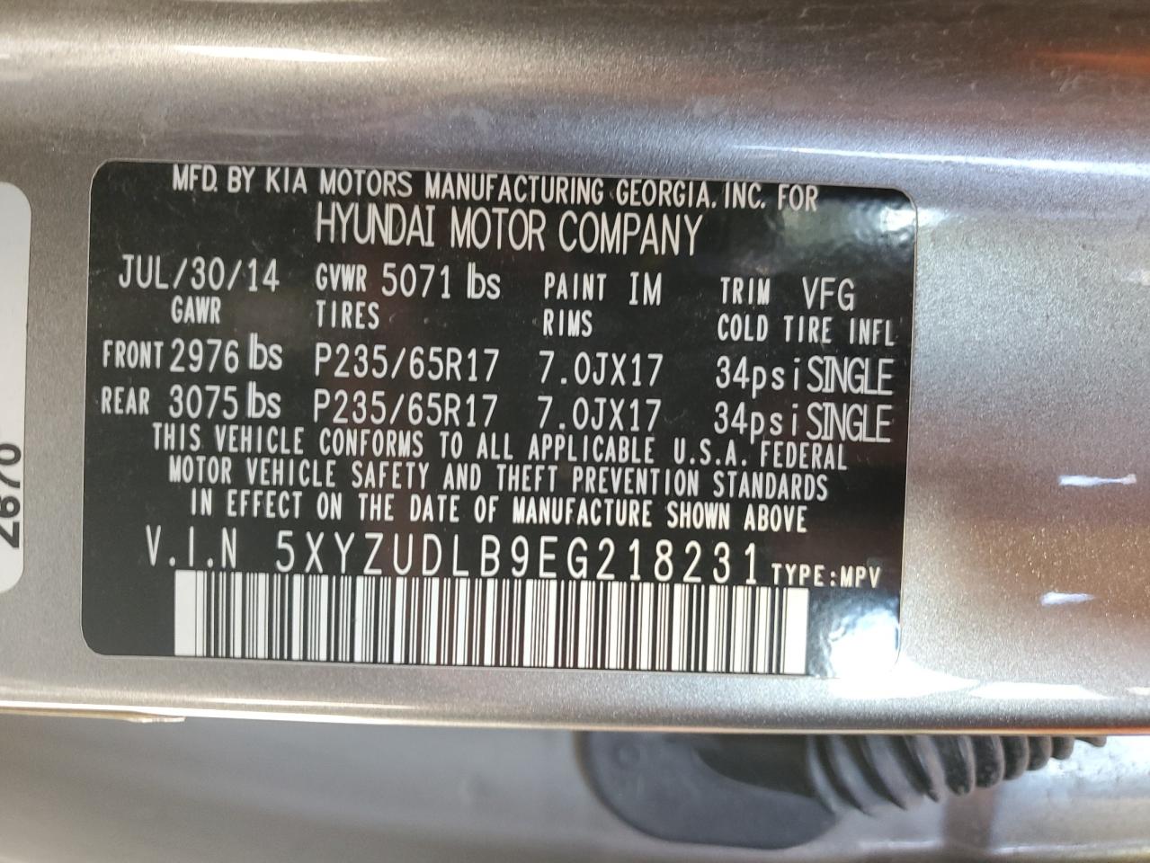 2014 Hyundai Santa Fe Sport VIN: 5XYZUDLB9EG218231 Lot: 84790365