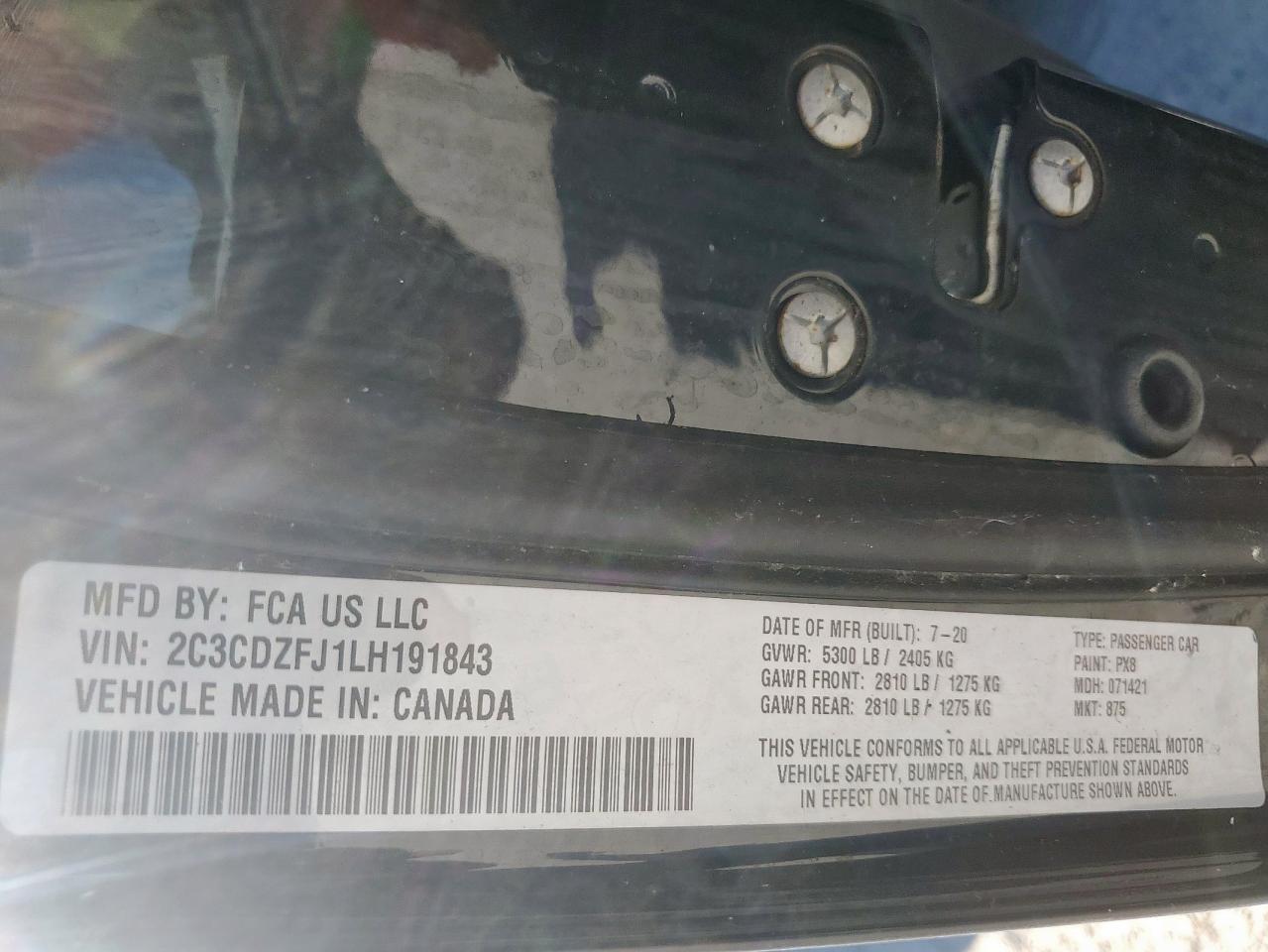 2020 Dodge Challenger R/T Scat Pack VIN: 2C3CDZFJ1LH191843 Lot: 85526165