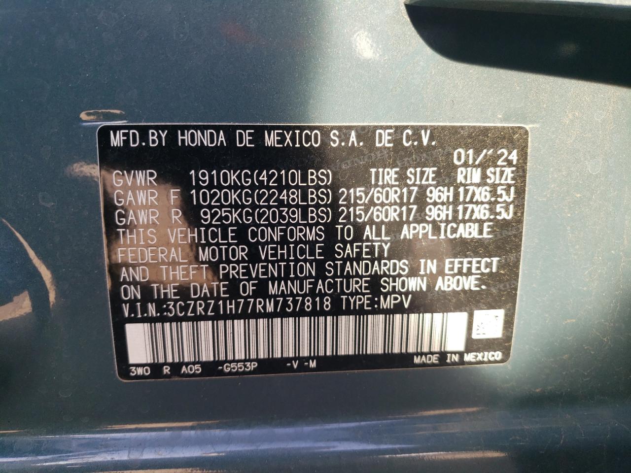 2024 Honda Hr-V Exl VIN: 3CZRZ1H77RM737818 Lot: 89511295