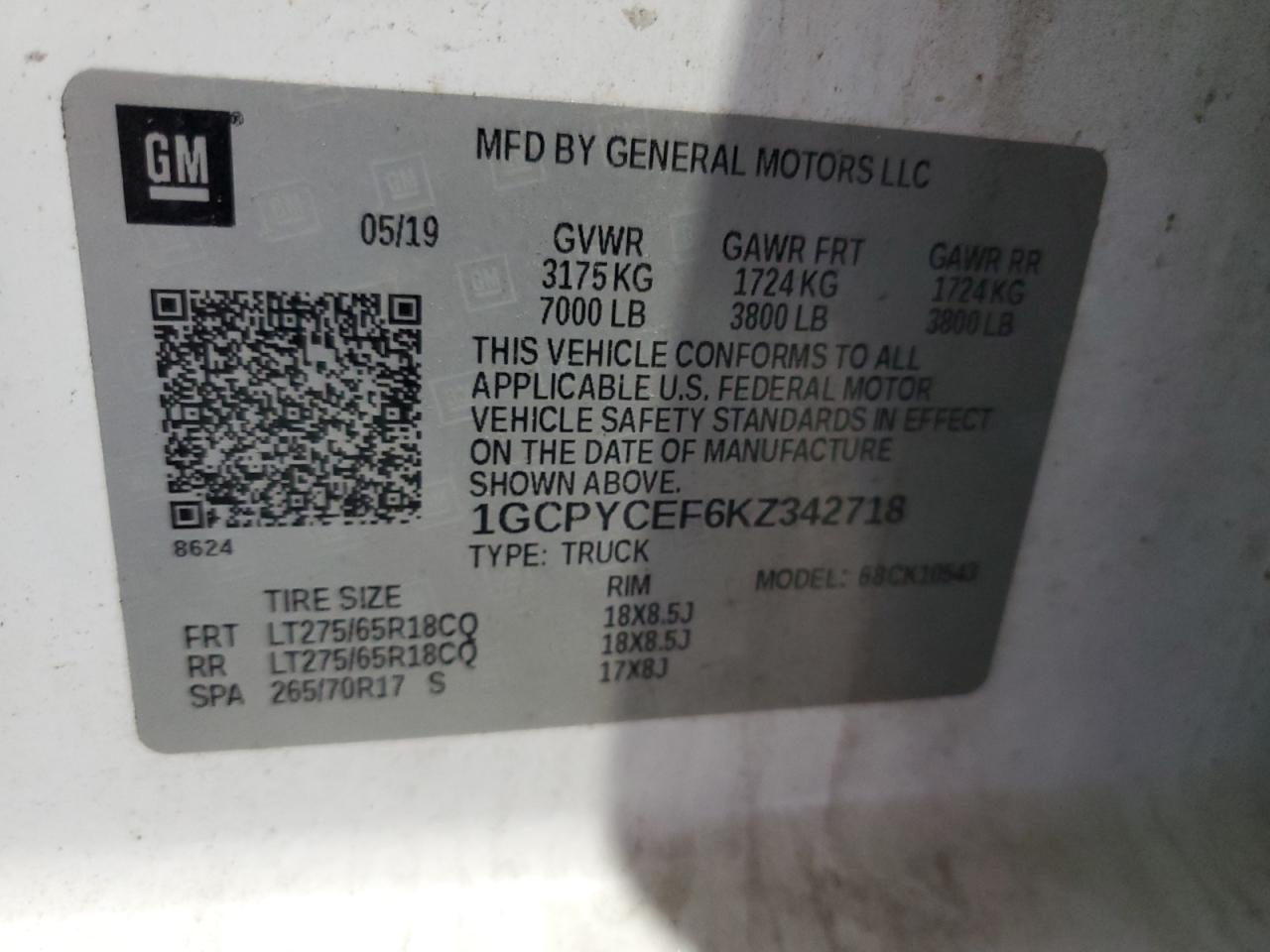 2019 Chevrolet Silverado K1500 Trail Boss Custom VIN: 1GCPYCEF6KZ342718 Lot: 85947555