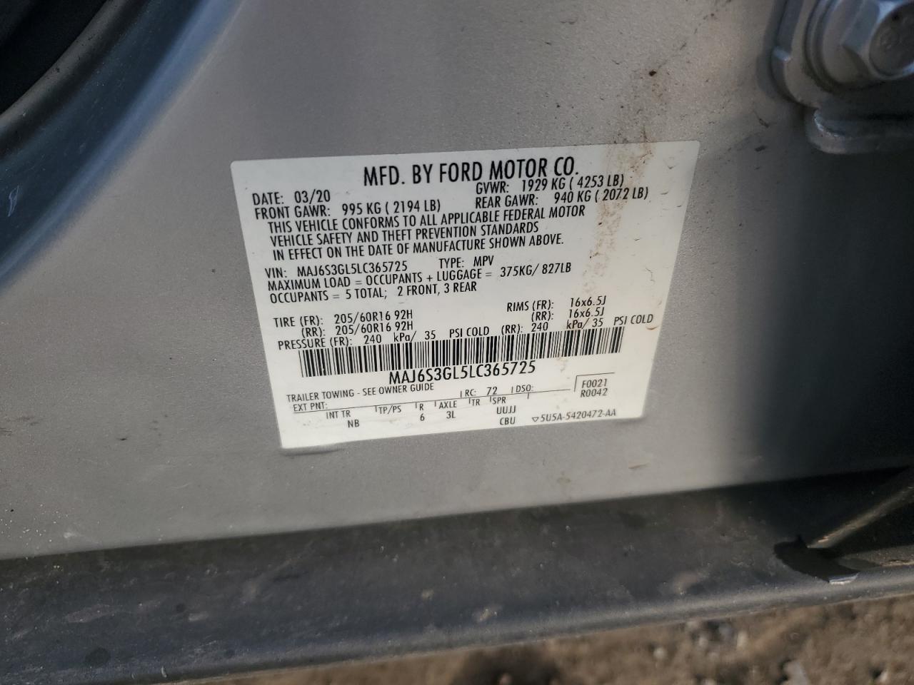 2020 Ford Ecosport Se VIN: MAJ6S3GL5LC365725 Lot: 82302095