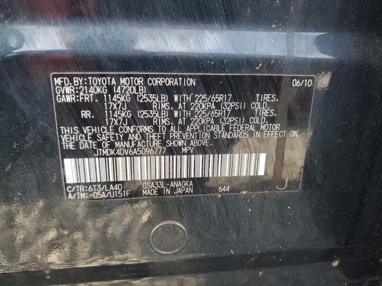 2010 Toyota Rav4 Limited VIN: JTMDK4DV6A5096777 Lot: 89927975