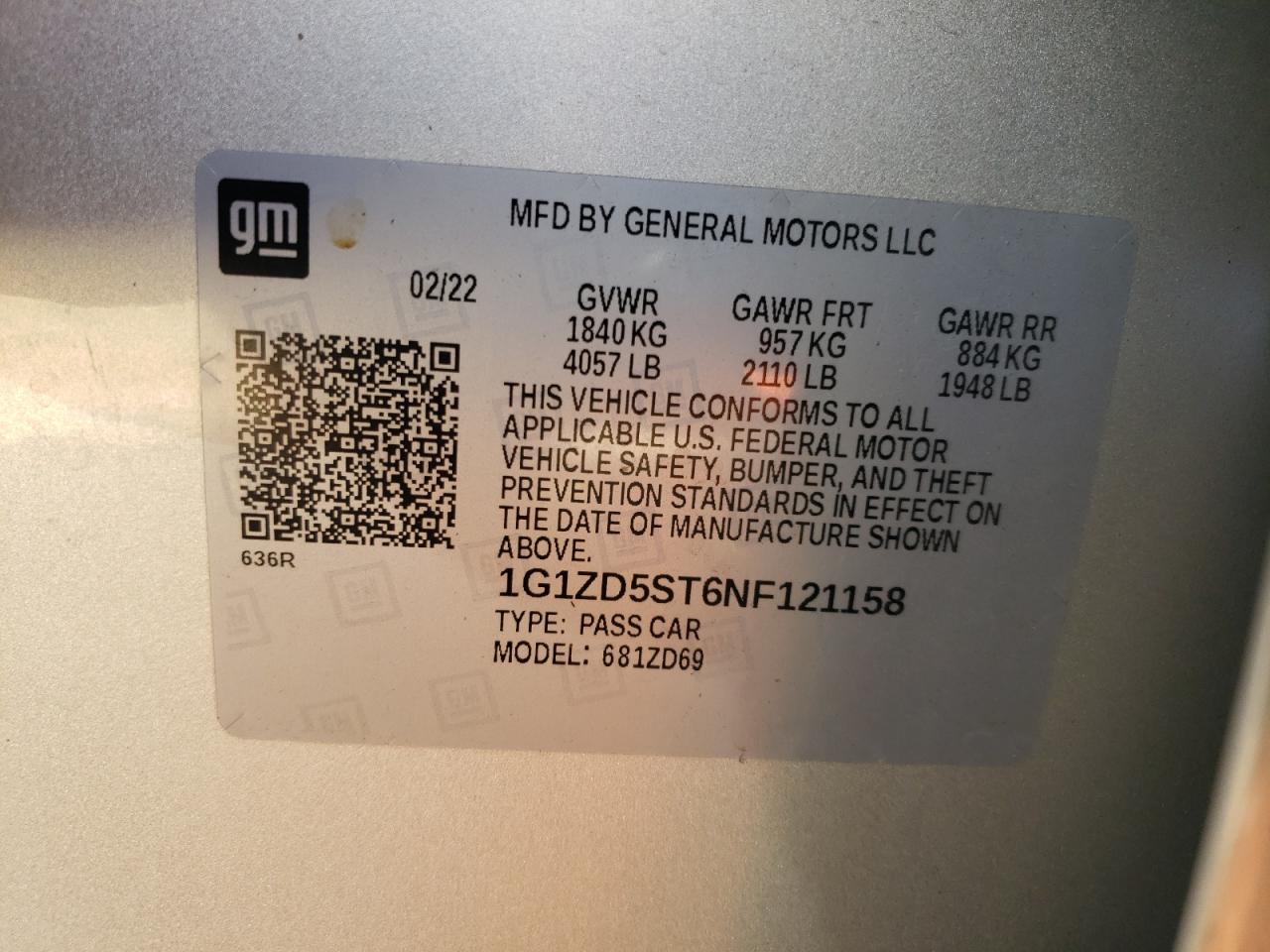 2022 Chevrolet Malibu Lt VIN: 1G1ZD5ST6NF121158 Lot: 85485895