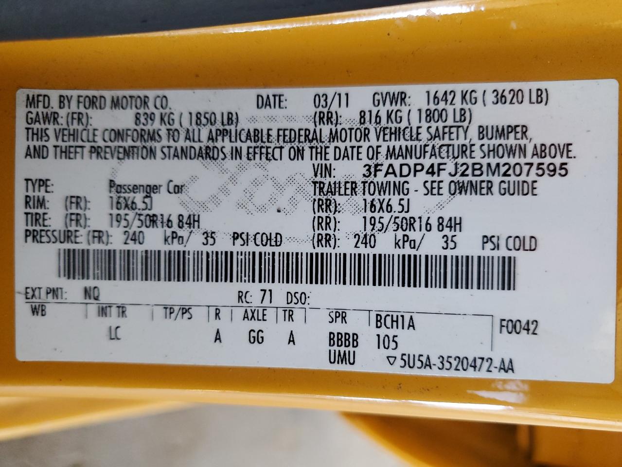 2011 Ford Fiesta Ses VIN: 3FADP4FJ2BM207595 Lot: 85596025