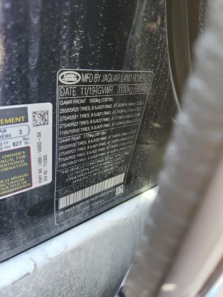 2020 Land Rover Range Rover Sport P525 Hse VIN: SALWR2SE3LA712353 Lot: 90669755