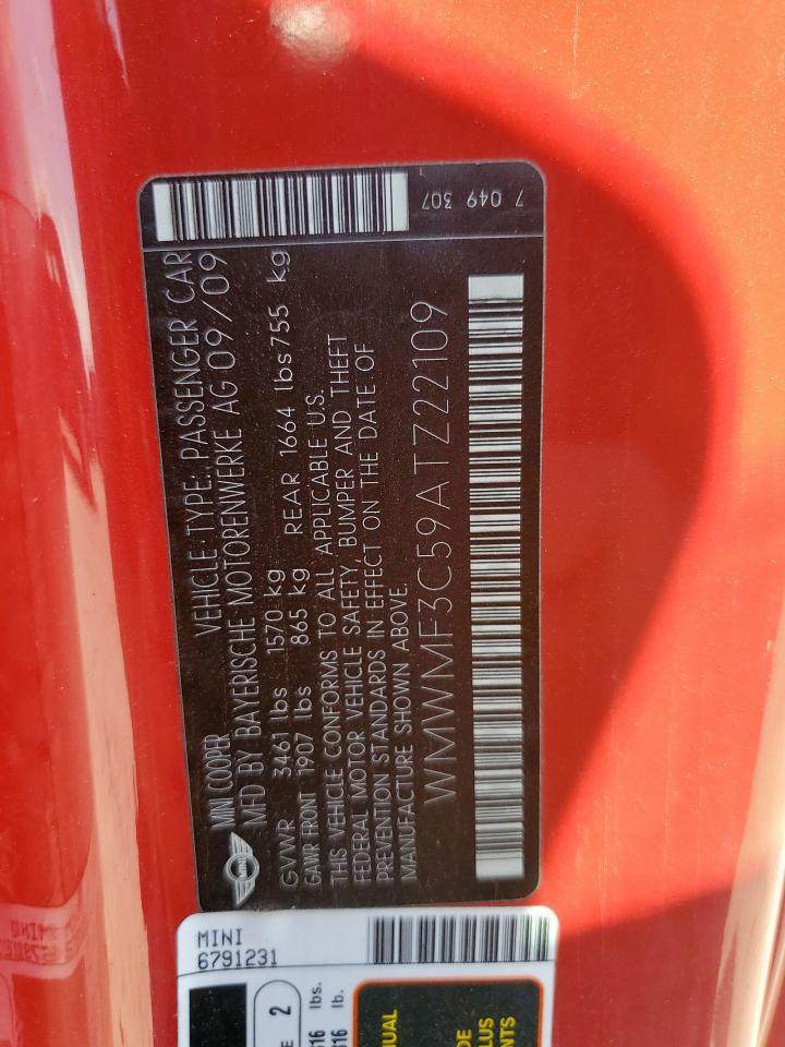 2010 Mini Cooper VIN: WMWMF3C59ATZ22109 Lot: 85523955