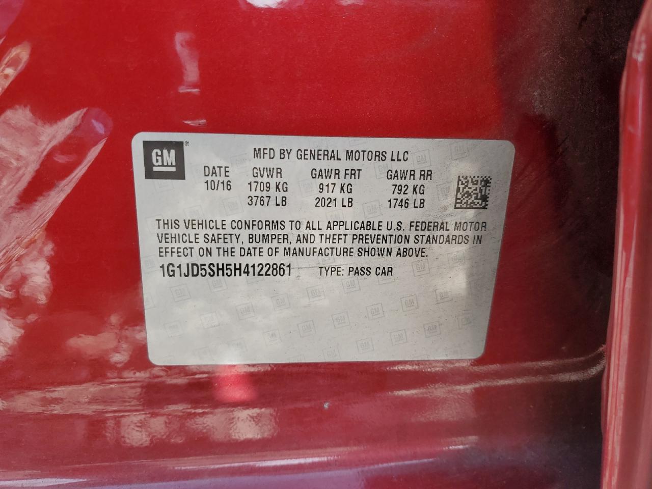 2017 Chevrolet Sonic Lt VIN: 1G1JD5SH5H4122861 Lot: 84177515