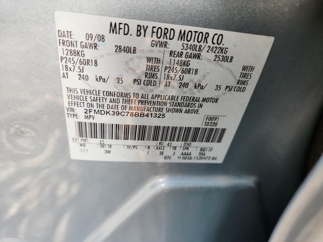 2008 Ford Edge Limited VIN: 2FMDK39C78BB41325 Lot: 90371785