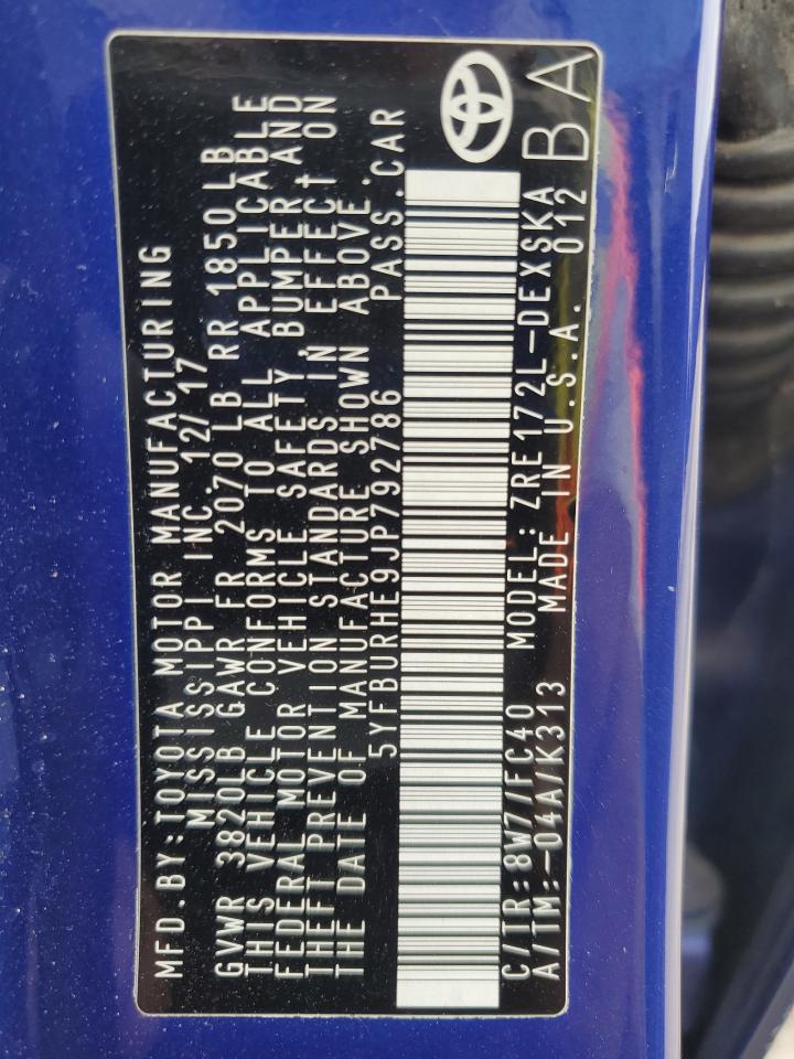 2018 Toyota Corolla L VIN: 5YFBURHE9JP792786 Lot: 85832855