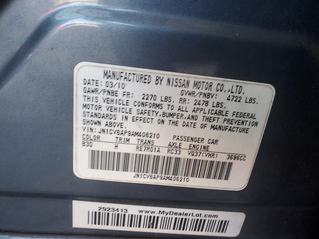 2010 Infiniti G37 Base VIN: JN1CV6AP9AM406210 Lot: 86713525