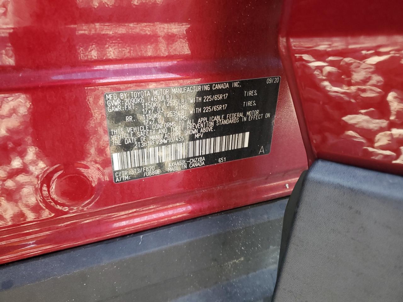 2021 Toyota Rav4 Le VIN: 2T3H1RFV3MW107455 Lot: 85270235