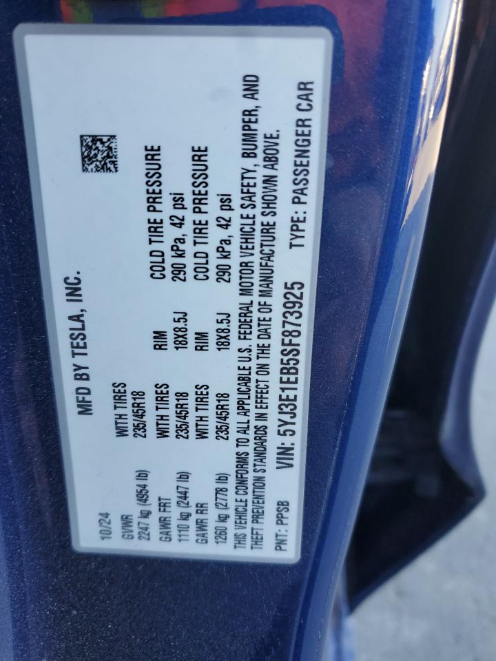 2025 Tesla Model 3 VIN: 5YJ3E1EB5SF873925 Lot: 85520515