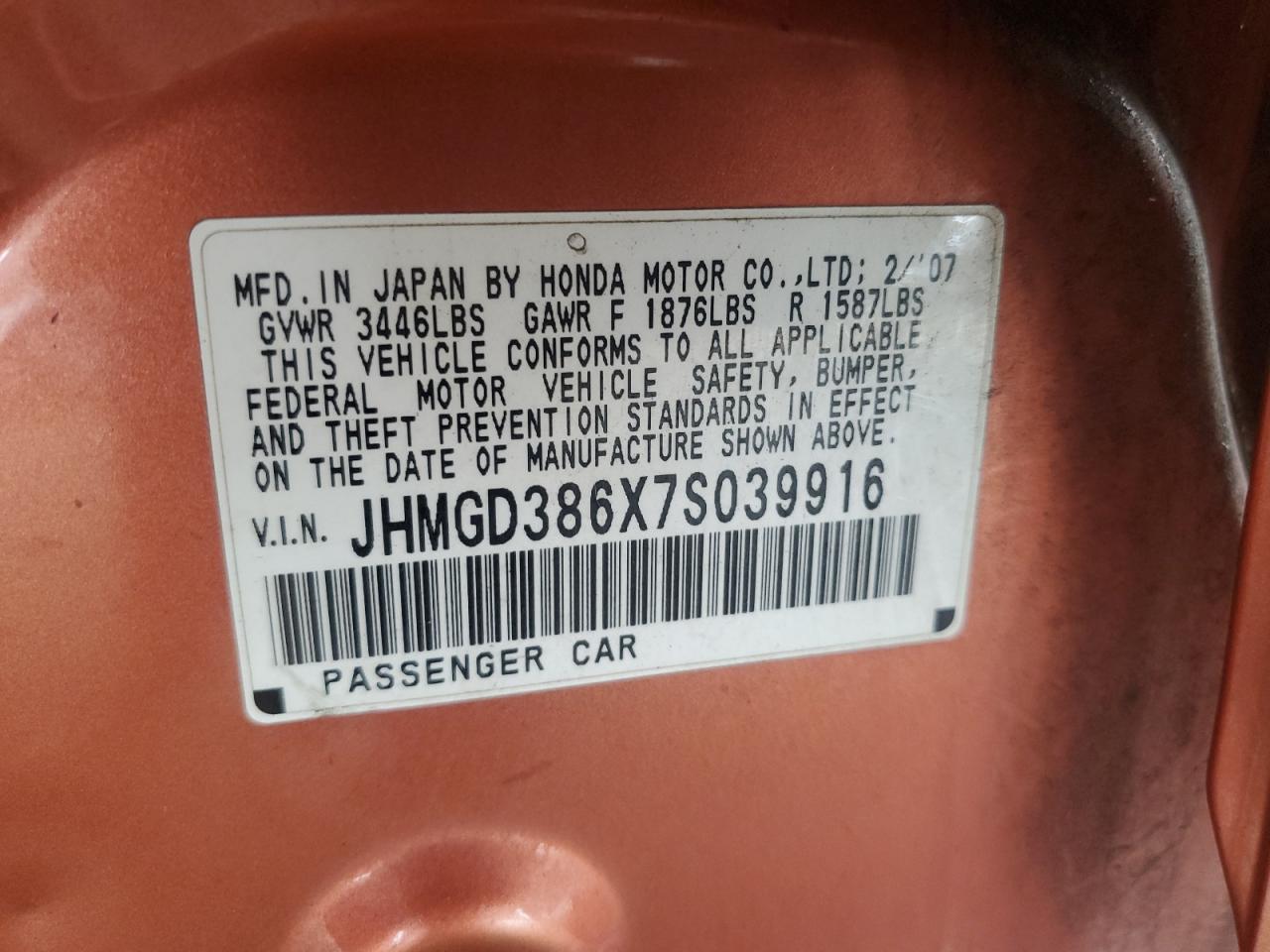 2007 Honda Fit S VIN: JHMGD386X7S039916 Lot: 82212535