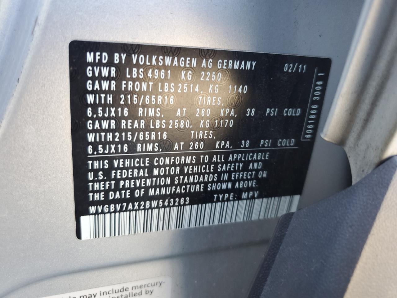 2011 Volkswagen Tiguan S VIN: WVGBV7AX2BW543263 Lot: 82472035