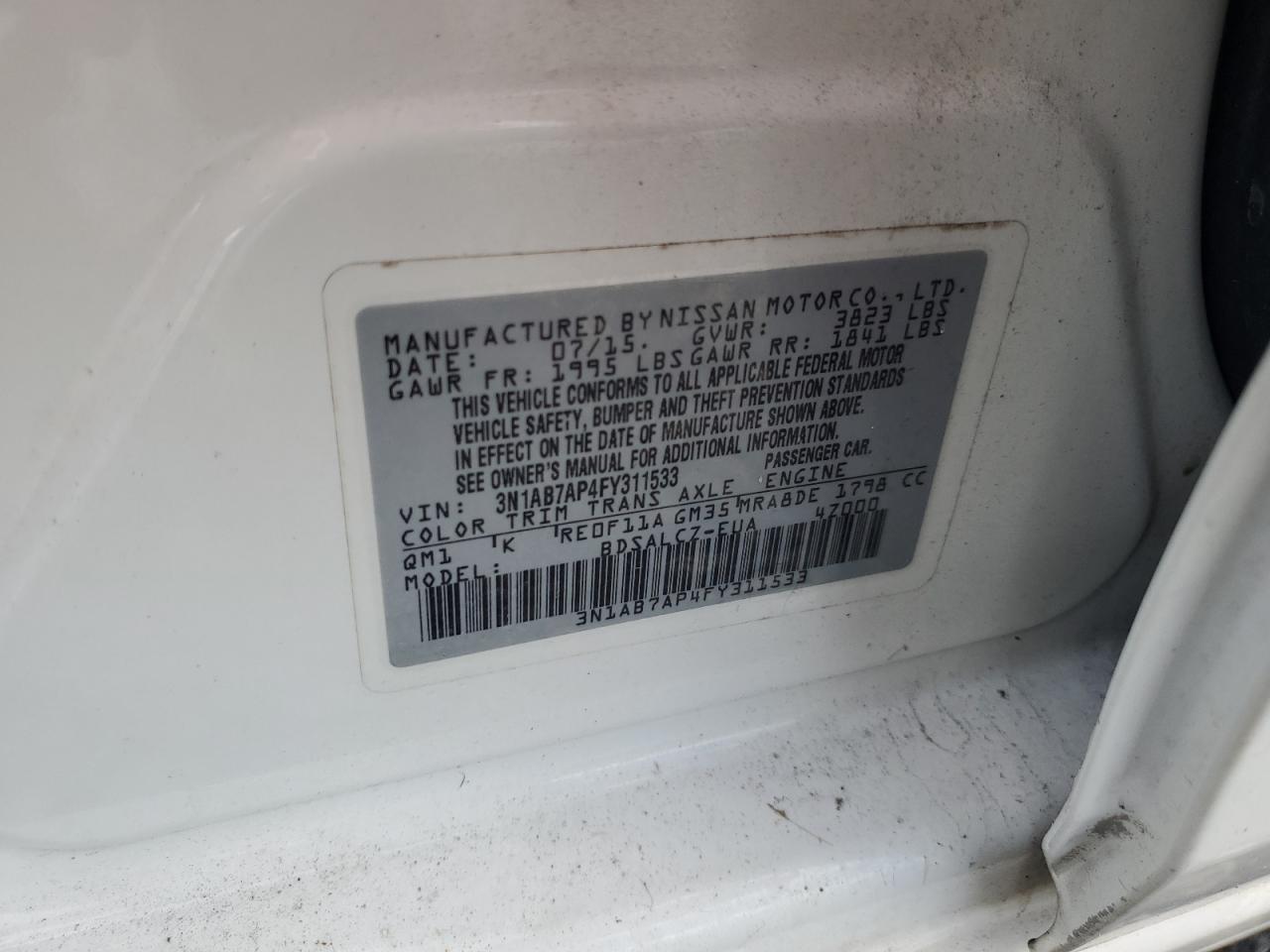 2015 Nissan Sentra S VIN: 3N1AB7AP4FY311533 Lot: 85555045