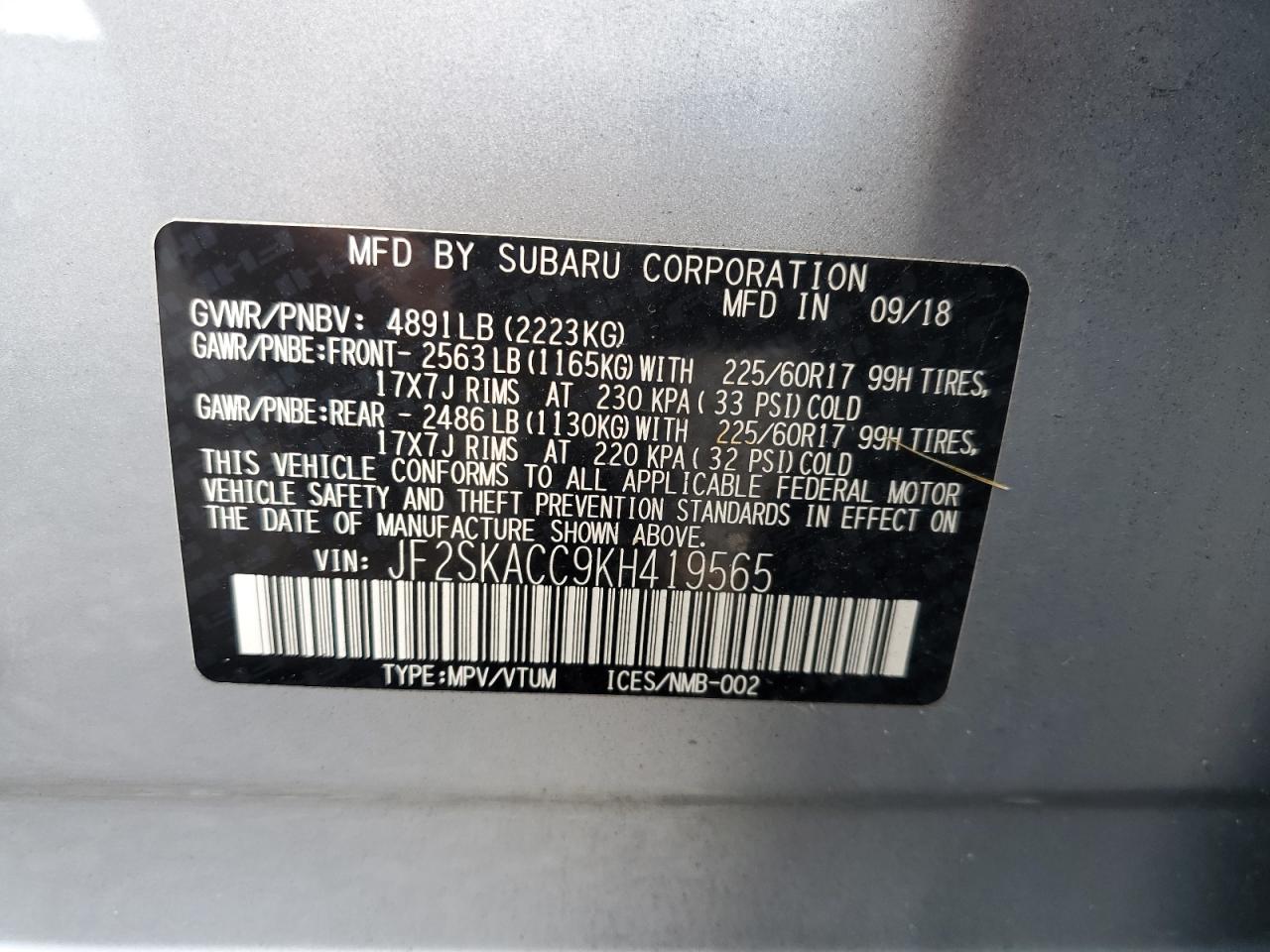 2019 Subaru Forester VIN: JF2SKACC9KH419565 Lot: 86225855