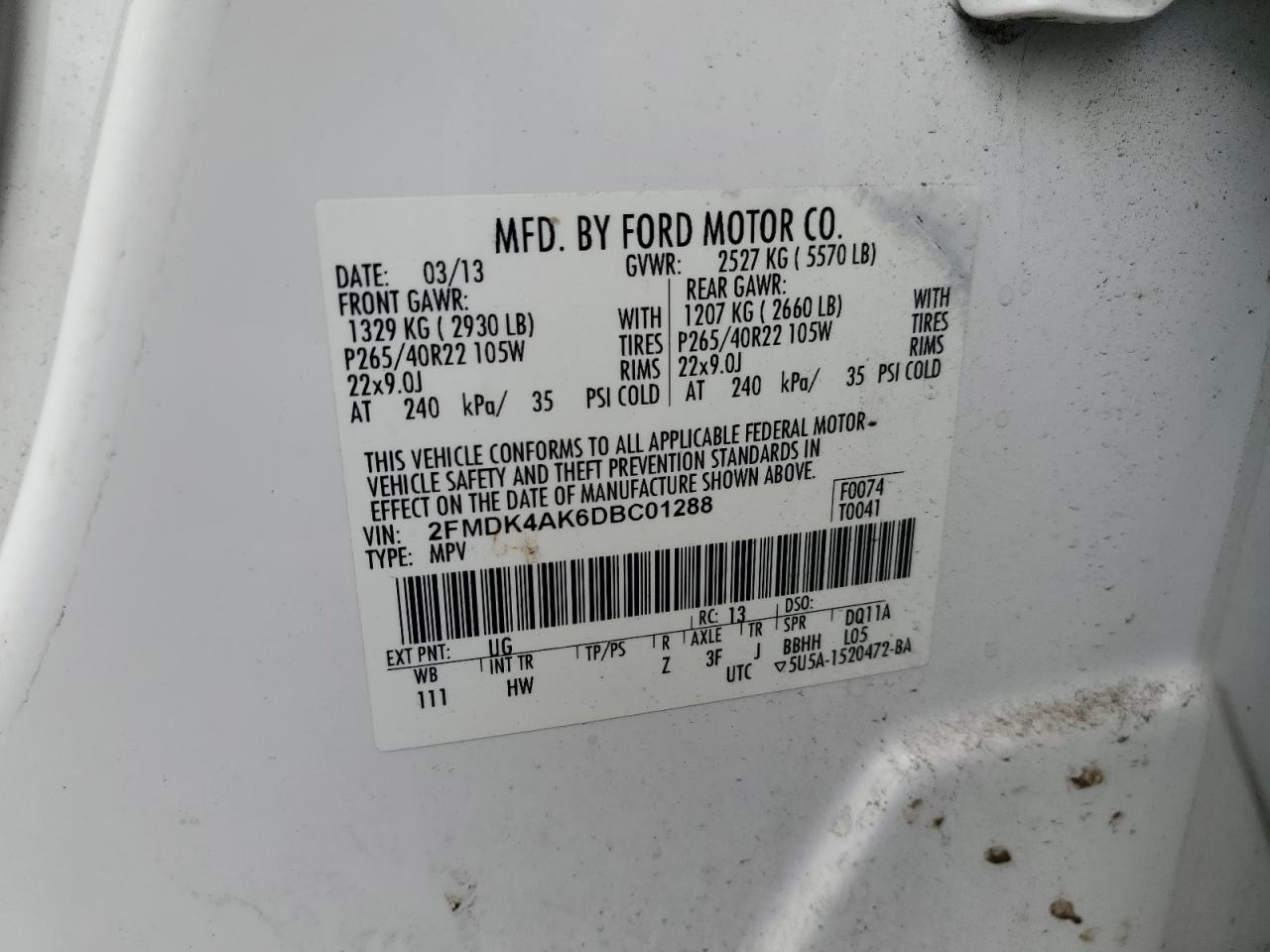 2013 Ford Edge Sport VIN: 2FMDK4AK6DBC01288 Lot: 87033805