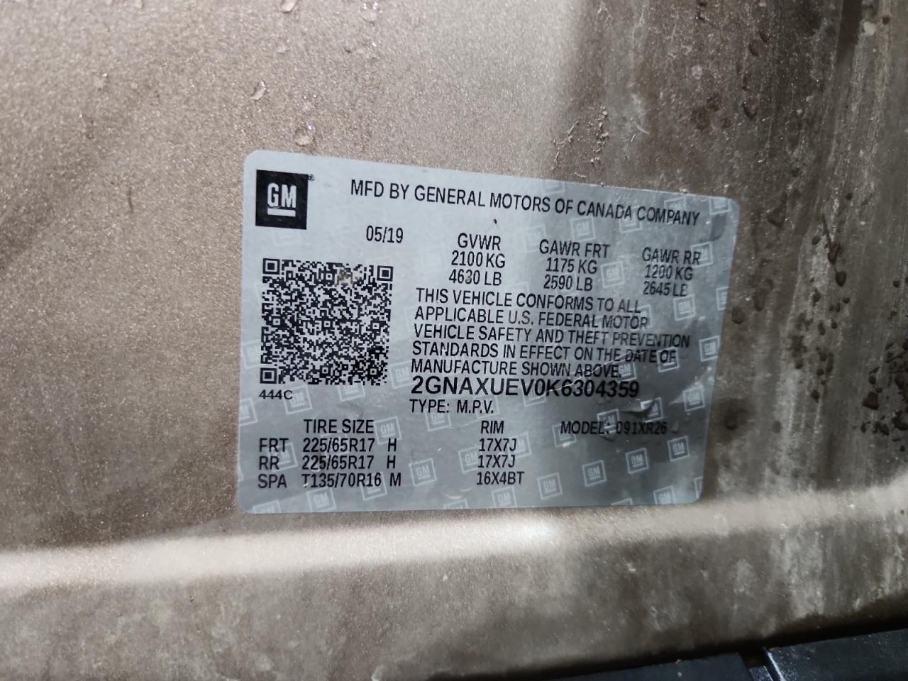 2019 Chevrolet Equinox Lt VIN: 2GNAXUEV0K6304359 Lot: 84068875