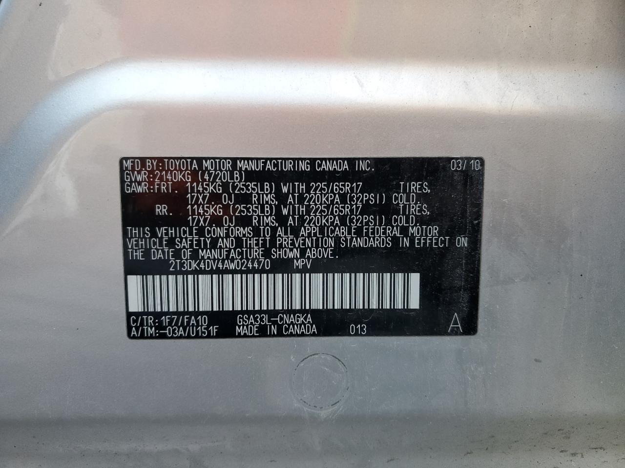 2010 Toyota Rav4 Limited VIN: 2T3DK4DV4AW024470 Lot: 85279615