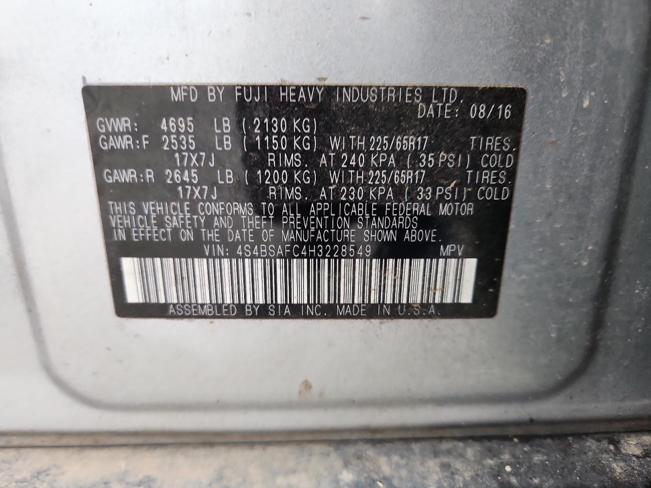 2017 Subaru Outback 2.5I Premium VIN: 4S4BSAFC4H3228549 Lot: 85722985