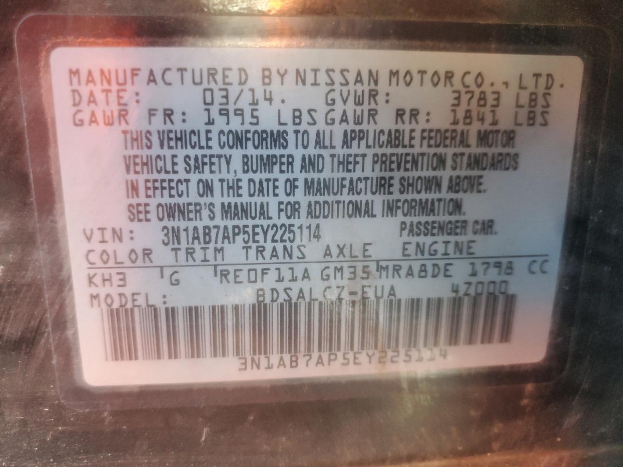 2014 Nissan Sentra S VIN: 3N1AB7AP5EY225114 Lot: 84935305