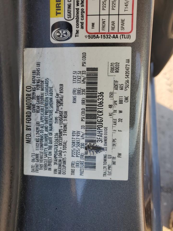 2012 Ford Fusion Sel VIN: 3FAHP0JG7CR106336 Lot: 82281165