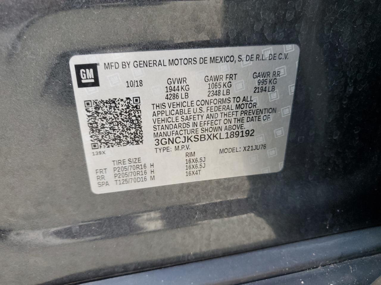 2019 Chevrolet Trax Ls VIN: 3GNCJKSBXKL189192 Lot: 85886185