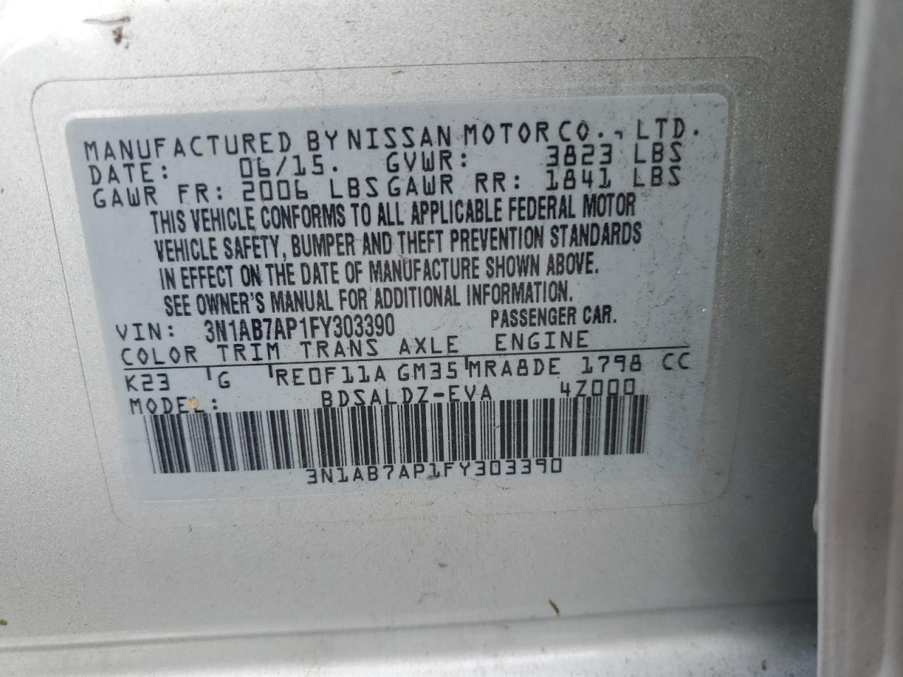 2015 Nissan Sentra S VIN: 3N1AB7AP1FY303390 Lot: 84990865