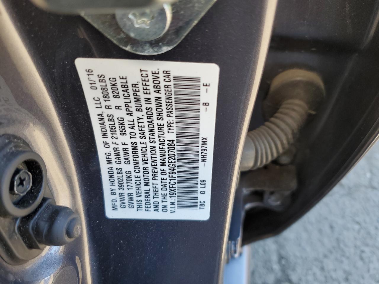 2016 Honda Civic Touring VIN: 19XFC1F94GE207084 Lot: 84878675