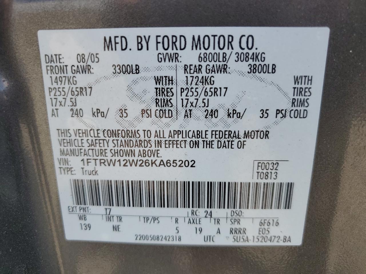 2006 Ford F150 Supercrew VIN: 1FTRW12W26KA65202 Lot: 84725175