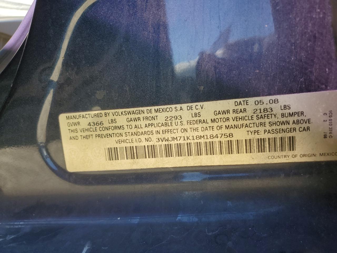 2008 Volkswagen Jetta S VIN: 3VWJM71K18M184758 Lot: 85884935