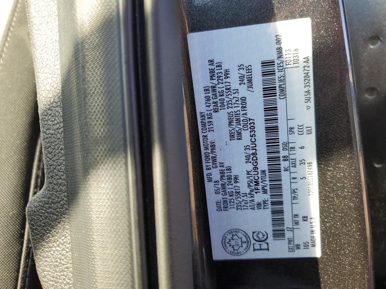 2018 Ford Escape Se VIN: 1FMCU9GD8JUC53037 Lot: 84606835