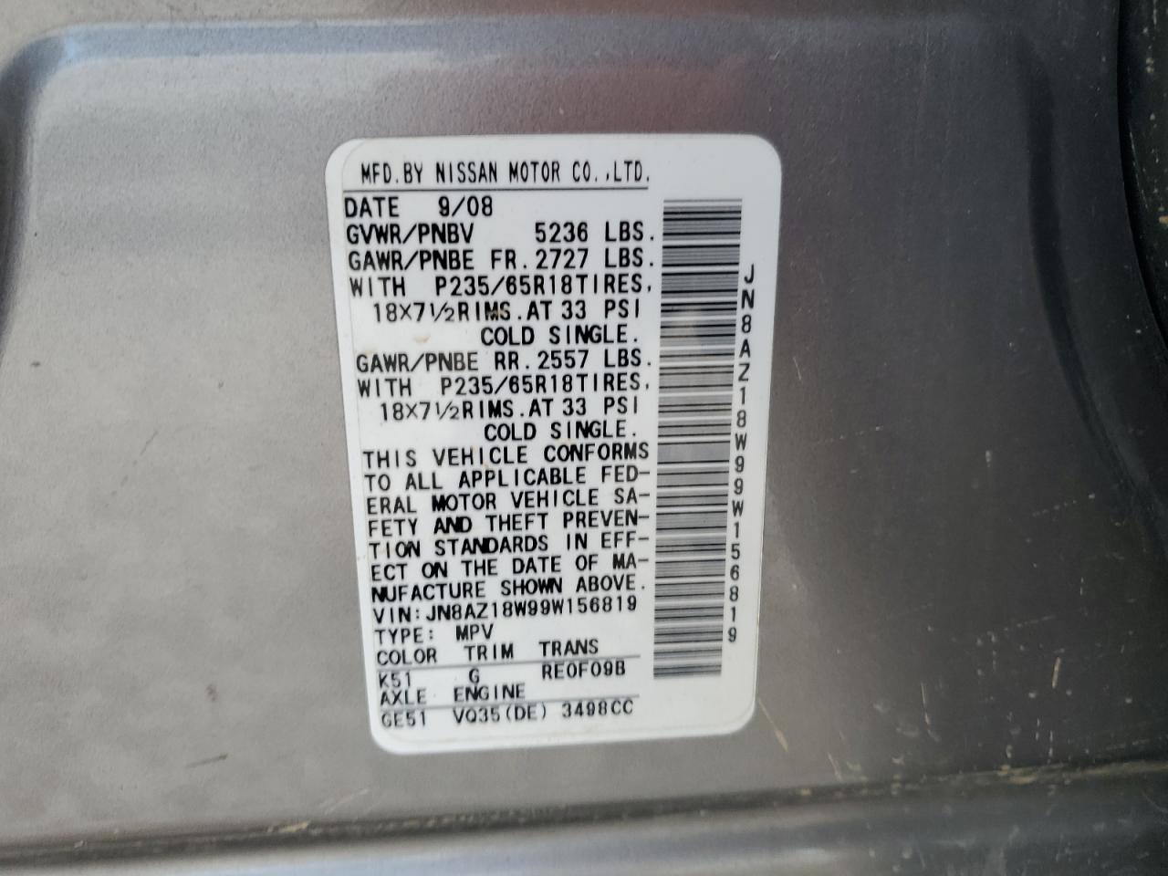 2009 Nissan Murano S VIN: JN8AZ18W99W156819 Lot: 82222965