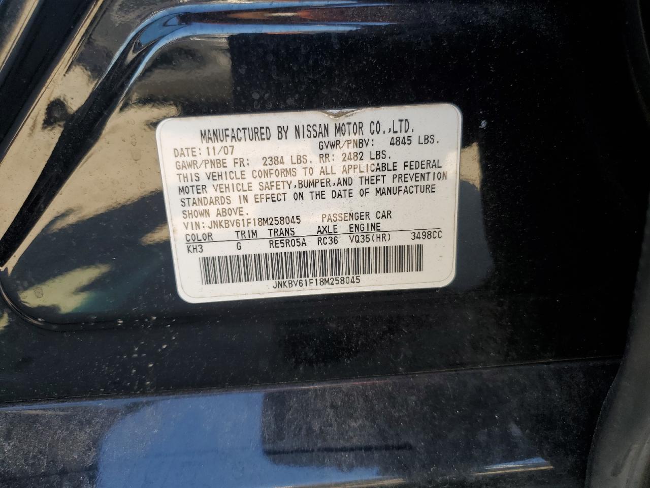 2008 Infiniti G35 VIN: JNKBV61F18M258045 Lot: 84938735