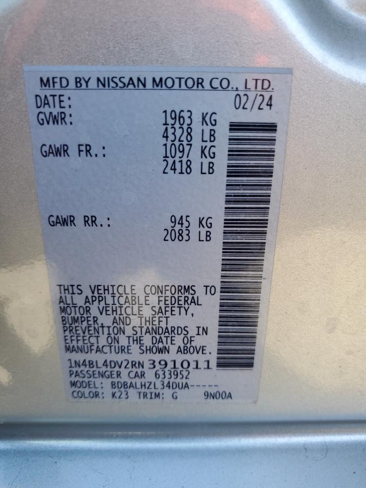 2024 Nissan Altima Sv VIN: 1N4BL4DV2RN391011 Lot: 87370225