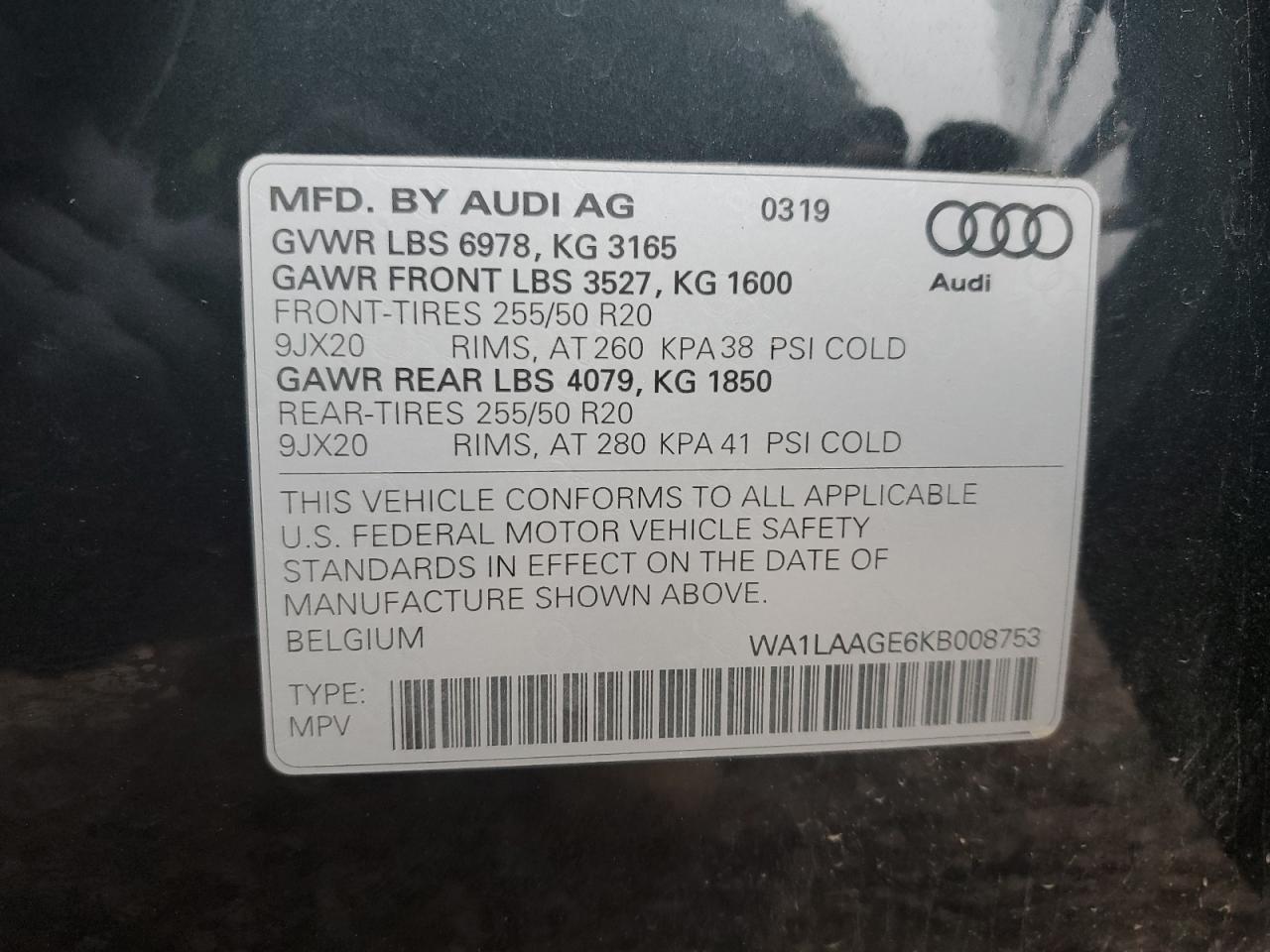 2019 Audi E-Tron Premium Plus VIN: WA1LAAGE6KB008753 Lot: 84604115