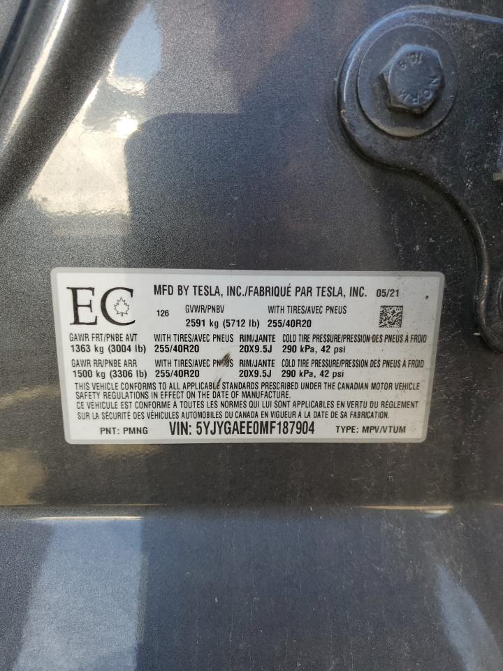 2021 Tesla Model Y VIN: 5YJYGAEE0MF187904 Lot: 84757105