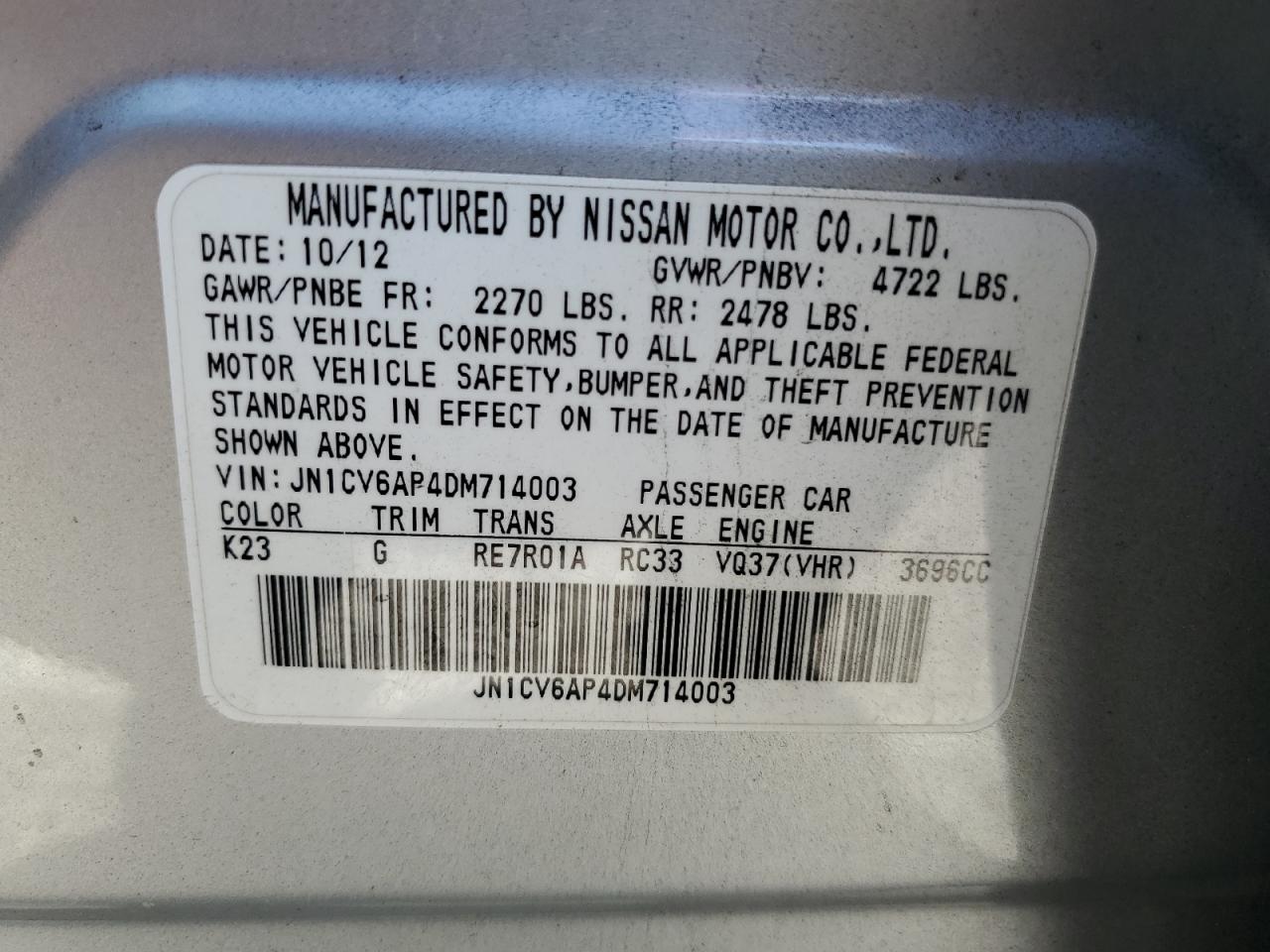 2013 Infiniti G37 Base VIN: JN1CV6AP4DM714003 Lot: 86151475
