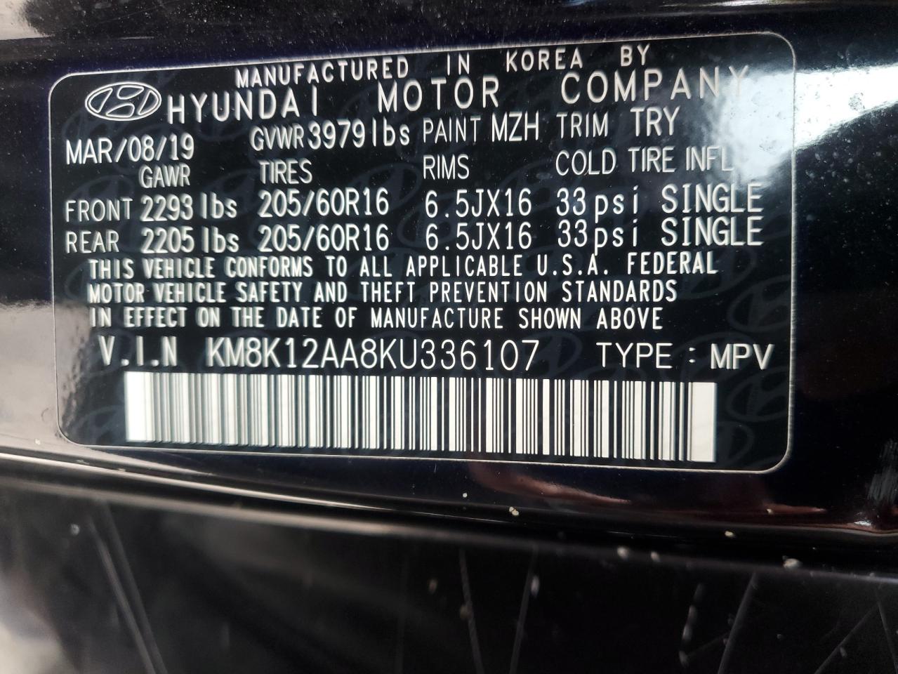 2019 Hyundai Kona Se VIN: KM8K12AA8KU336107 Lot: 86301055