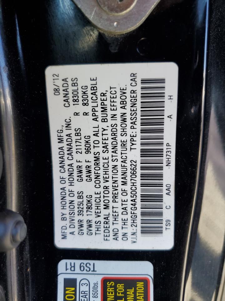 2012 Honda Civic Si VIN: 2HGFG4A50CH706622 Lot: 84958575