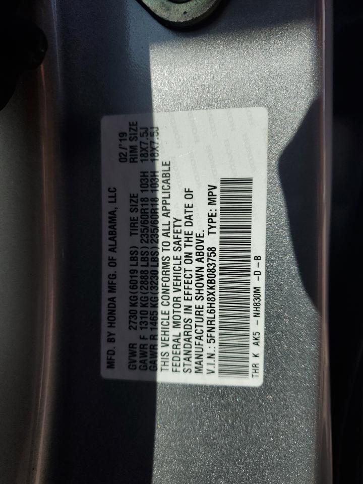 2019 Honda Odyssey Touring VIN: 5FNRL6H8XKB083758 Lot: 82373125