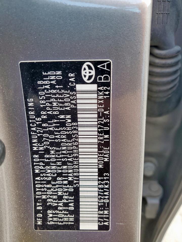 2017 Toyota Corolla L VIN: 5YFBURHE9HP625838 Lot: 85485585