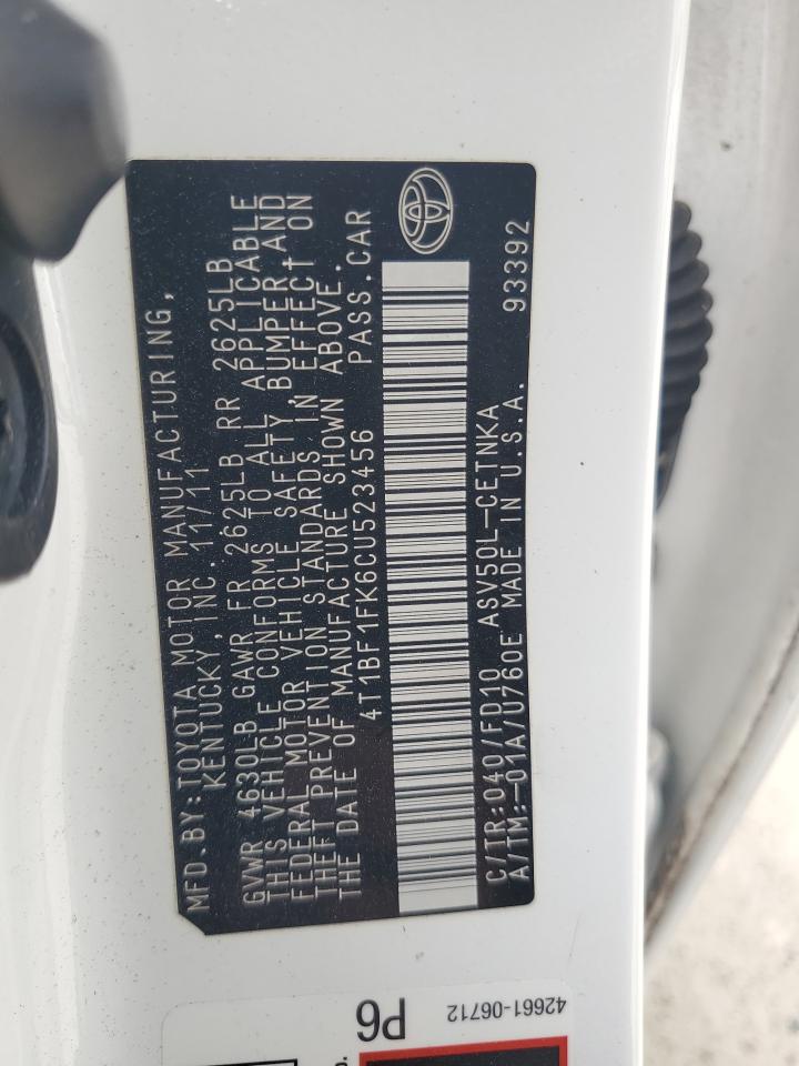 2012 Toyota Camry Base VIN: 4T1BF1FK6CU523456 Lot: 81961065