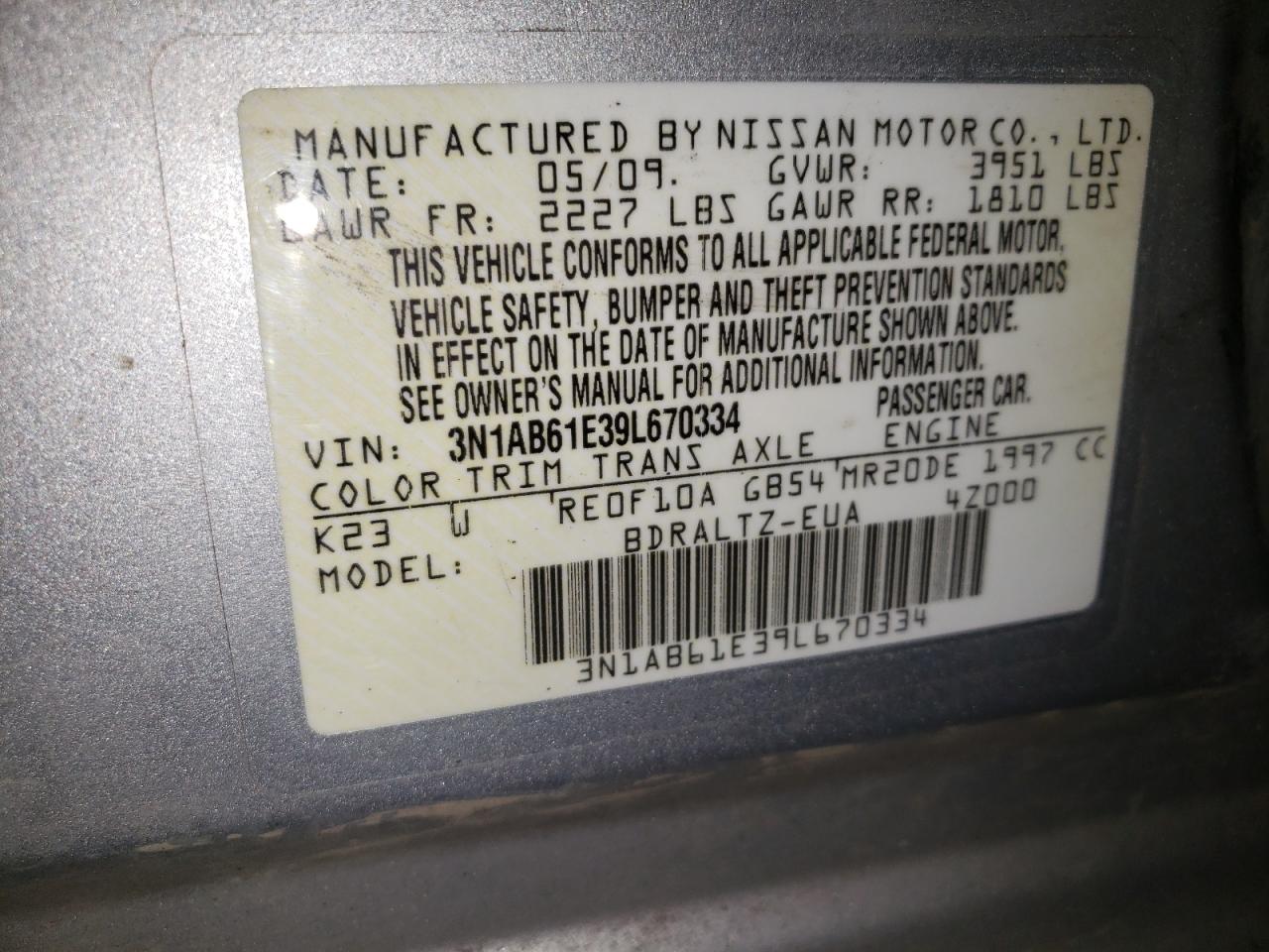 2009 Nissan Sentra 2.0 VIN: 3N1AB61E39L670334 Lot: 81962195