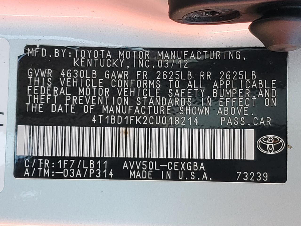 2012 Toyota Camry Hybrid VIN: 4T1BD1FK2CU018214 Lot: 85112535