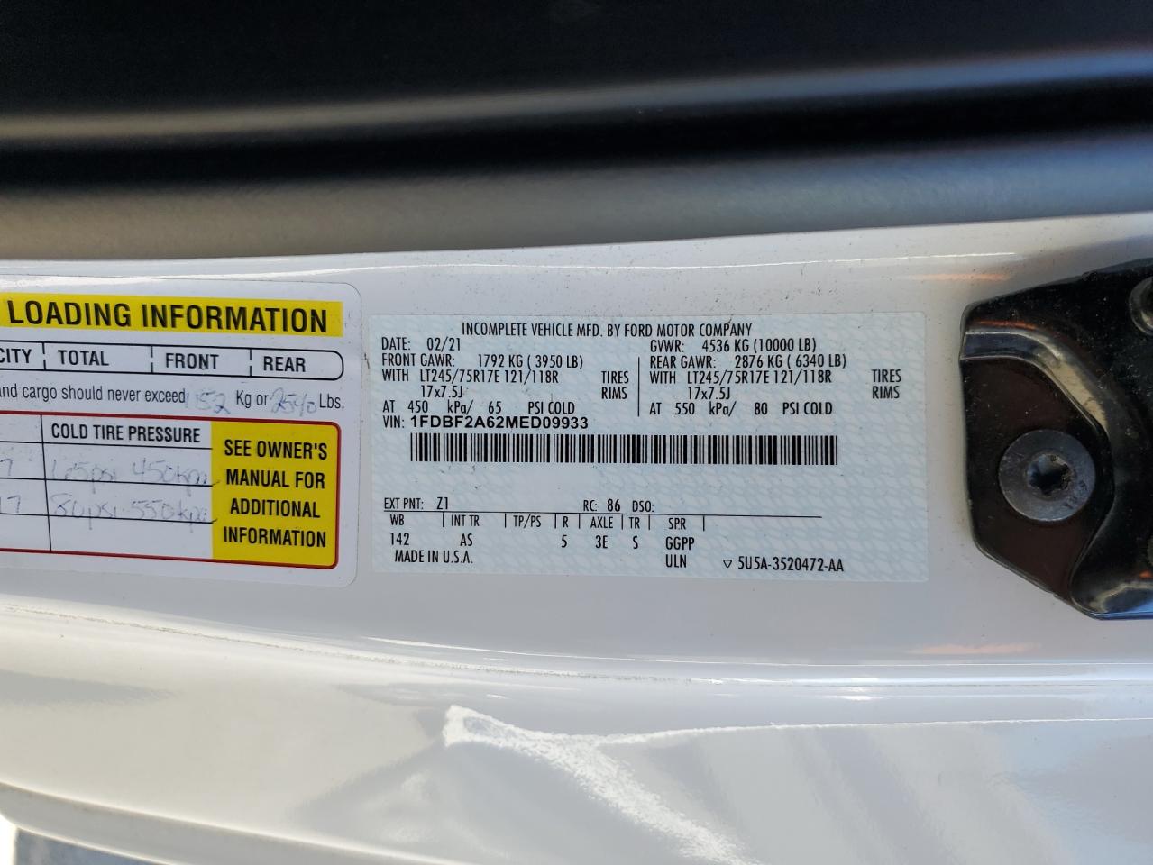 2021 Ford F250 Super Duty VIN: 1FDBF2A62MED09933 Lot: 85555285